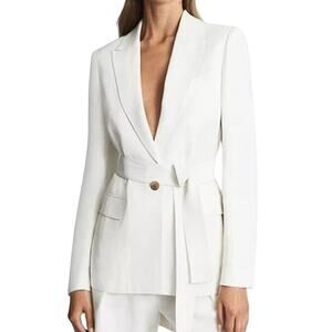 Reiss NWT Bea Belted Blazer White Size 14 Linen Blend Flap Pockets Single Button